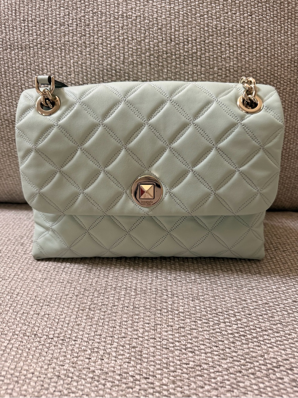 Kate Spade Quilted Mint Green Chain Shoulder Bag Turn Lock Medium